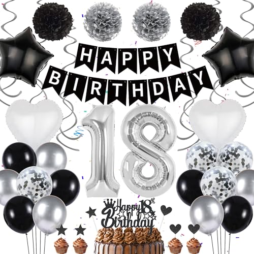 18 Geburtstag Dekorationen Schwarz Silber - 51 Stück 18 Geburtstag Deko für Jungen, Zahl 18 Folienballon Happy Birthday Banner Stern Liebe Luftballons Seidenpapier Pom Poms Cake Toppers für Mädchen von batnite