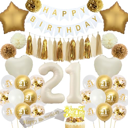 21 Weiß Gold Geburtstag Dekorationen - 70 Stück Geburtstagsdeko Happy Birthday Banner Nummer 21 Folienballon Beige Papier Pompom Fransen Schärpe Cake Topper für Frauen Mädchen 21 Geburtstag Deko von batnite