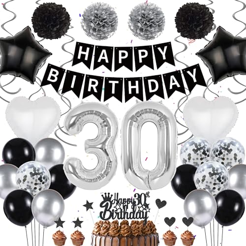 30 Geburtstag Dekorationen Männer Frauen - 51 Stück Schwarz Silber Party Dekorationen, Nummer 30 Folienballon Happy Birthday Banner Stern Liebe Luftballons Seidenpapier Pom Poms Cake Toppers für 30 von batnite