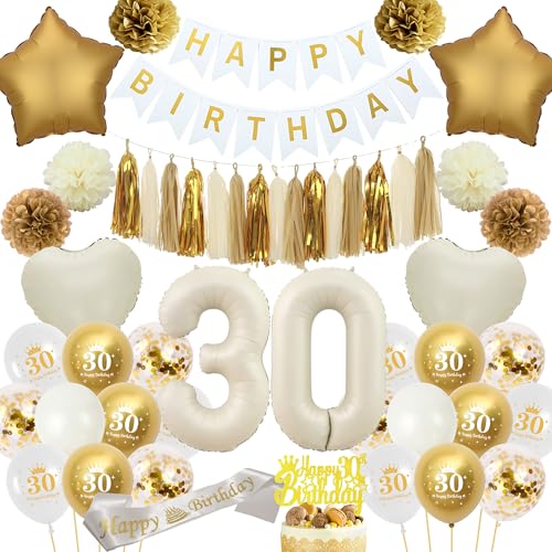 30 Weiß Gold Geburtstag Dekorationen - 70 Stück Geburtstagsdeko Happy Birthday Banner Zahl 30 Folienballon Beige Papier Pompom Fransen Schärpe Cake Topper für Frauen Mädchen 30 Geburtstag Deko von batnite