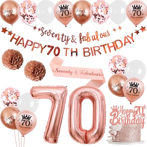 70 Geburtstag Dekorationen für Frauen - 40 Stück Rose Gold Party Supplies Happy 70th Birthday Banner Kuchen Topper Pailletten Luftballons Papier Pompons Schultergurt von batnite