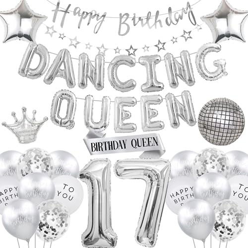 Dancing Queen 17 Geburtstag Dekorationen - 42 Stück Mädchen Partyzubehör Silber für Jung und Süß Nur 17, Zahlenkrone Disco Folienballon Stern Girlande Banner Queen Schärpe Dancing Queen 17 Geburtstag Dekorationen - 42 Stück Mädchen Partyzubehör Silber für Jung und Süß Nur 17, Zahlenkrone Disco Folienballon Stern Girlande Banner Queen Schärpe von batnite
