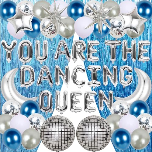 Dancing Queen Hen Party Dekorationen - 65 Stück You Are The Dancing Queen Dekorationen You Are The Dancing Queen Banner Silber Blau Latex Ballon Spiegel Disco Mond Stern Folienballon für 70er Jahre von batnite