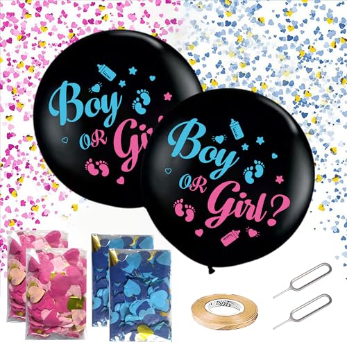 Gender Reveal Party Konfetti Ballon - 2 Stück Geschlecht Offenbarung Luftballons, 36 Zoll Groß Schwarz Junge oder Mädchen Latexballons, Rosa Blau Konfetti Bänder Pins für Baby Shower Gender Reveal von batnite