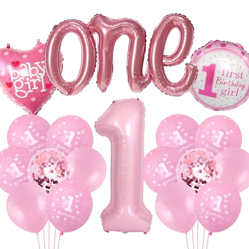 Happy 1st Birthday Luftballons Mädchen - Erster Geburtstag Dekorationen, 40 Zoll Rosa Zahl 1 Geburtstag Luftballons, Liebe, Gold "One" Folienballon, Rosa Pailletten Ballons für Baby Mädchen 1. von batnite