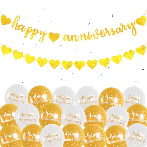 Happy Anniversary Banner Dekoration Gold - 44 Stück Hochzeitstag Dekoration Ballon, Gold Buchstaben Banner, Weiß Luftballons, Herz Wimpelkette Girlande für Geburtstag Liebe Valentinstag Party Supplies von batnite