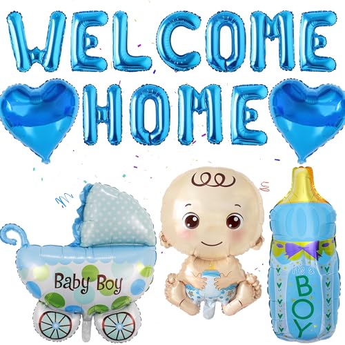 Jungen Babyparty Dekorationen Luftballons, 16 Stück Baby Party Supplies Welcome Home Banner Herz Junge Folienballon Helium Aufblasbar Blau Its A Boy Flasche Kinderwagen Buggy für Geschlecht Enthüllung von batnite