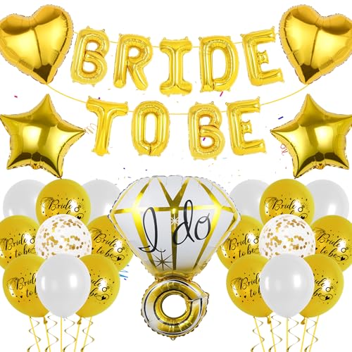 Junggesellinnenabschied Deko Braut Gold - Bride to Be Banner Ballon, Diamantring Ballon Gold Herz Stern Folienballon für Brautdusche Junggesellinnenabschied Hochzeitsdekorationen, von batnite