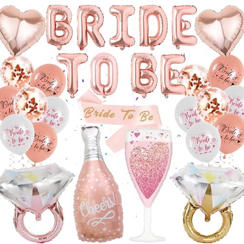 Bride to Be Rosegold Luftballons - 31 Stücke Junggesellenabschied Accessoires Frauen Schärpe Diamantring Herzform Folienballon Champagner Glasform Ballon für Bachelorette JGA Party Bridal Shower Deko von batnite