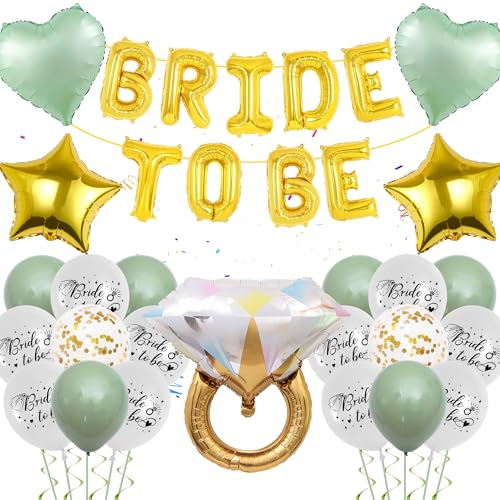 Junggesellinnenabschied Dekoration Salbeigrün - Bride to Be Banner Ballon, Diamant Ring Ballon Grün Herz Gold Stern Folienballon für Brautdusche Junggesellinnenabschied Hochzeit Dekorationen, von batnite