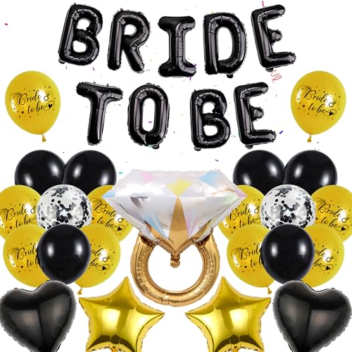 Junggesellinnenabschied Dekoration Schwarz Gold - Bride to Be Banner Ballon, Diamant Ring Ballon Schwarz Herz Gold Stern Folienballon für Brautdusche Junggesellinnenabschied Hochzeit Dekorationen, von batnite