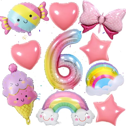 Mädchen 6. Regenbogen Geburtstag Dekoration - 10 Stück Regenbogen Party Dekor Stern Liebe Herz Luftballons Niedliche Eiscreme Süßigkeiten Smiley Regenbogen Bogen Gradient Nummer 6 Folienballons für von batnite