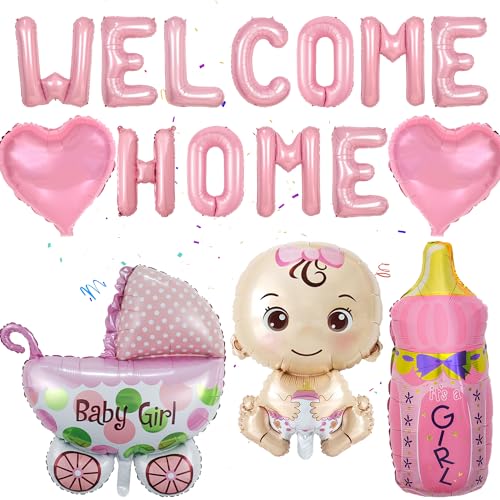 Mädchen Babyparty Dekorationen Luftballons, 16 Stück Baby Party Supplies Welcome Home Banner Herz Mädchen Folienballon Helium Aufblasbar Rosa Its A Boy Flasche Kinderwagen Buggy für Geschlecht von batnite