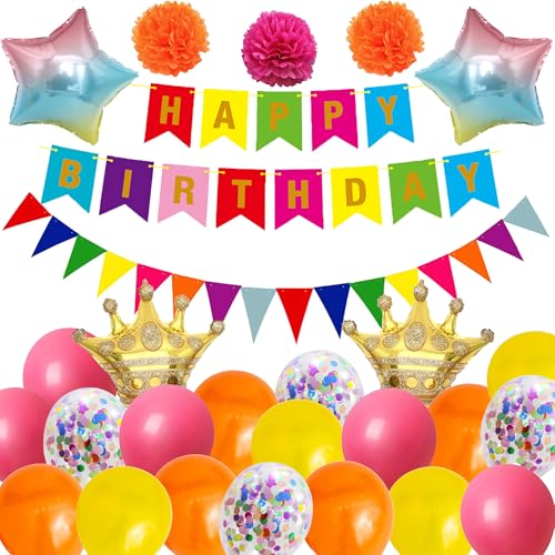 Regenbogen Geburtstag Party Dekorationen - 50 Stück Bunte Party Supplies Happy Birthday Banner Krone Stern Folienballons Papier Pom Poms Wimpel Girlande für Kinder Mädchen Jungen Freundin Tochter von batnite