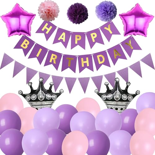 Rosa Lila Geburtstag Party Dekorationen - 50 Stück Party Supplies Happy Birthday Banner Krone Stern Folienballons Papier Pom Poms Pailletten Luftballons Wimpel Girlande für Mädchen Freundin Tochter von batnite