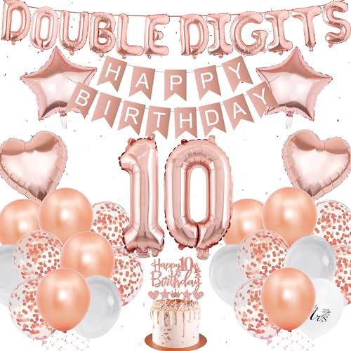 Roségold 10 Geburtstag Dekorationen - 53 Stück Doppelstellige Partydekorationen Geburtstagsbanner Stern Herzen Zahl 10 Folienballons Latexballon Kuchen Topper für Mädchen 10 Geburtstag Dekorationen von batnite