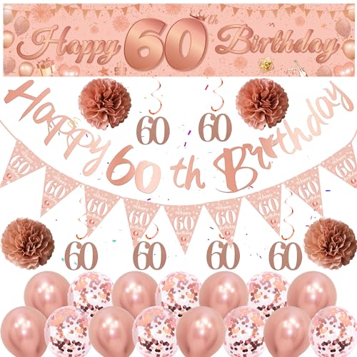 Roségold 60 Geburtstag Banner - 33 Stück Rose Gold Geburtstag Party Dekor Streifen Banner Dreieck Flagge Rose Gold Hängende Papierblume Matte Rose Gold Pailletten Ballon für Frauen 60 Geburtstag Party von batnite