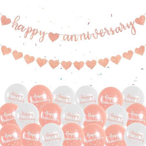 Roségold Happy Anniversary Luftballons - 44 Stück Hochzeitstag Dekoration Banner, Weiß Ballon, Herz Wimpelkette, Glitzer Zeichen Girlande Flagge für Frauen Mädchen Geburtstag, Liebe Party Zeremonie von batnite