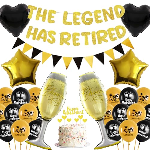 Schwarz Gold Ruhestand Party Dekorationen - 64 Stück "The Legend Has Retired" Retirement Decor, Weinglas, Wimpel Banner, Liebesstern Folienballons Cake Toppers Happy Retirement für Frauen Mann Rentner von batnite