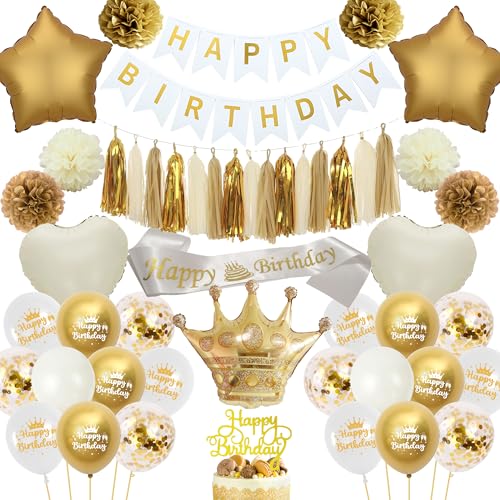 Weiß Gold Geburtstag Party Deko - 69 Stück Geburtstagsdeko Happy Birthday Banner Krone Ballon Beige Papier Pompom Fransen Schärpe Cake Topper für Frauen Mädchen 1. 18. 21. 30. 40. 50. 60 von batnite