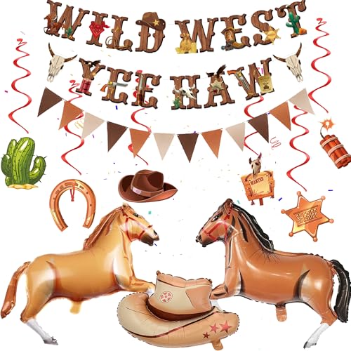 Western Cowboy Party Dekorationen Kit - 37 Stück Cowboy Party Dekoration Wild West Yee Haw Banner Wimpel Hängende Wirbel Hut Kuh Folienballons für Junge Cowgirl Western Geburtstag Babyparty Supplies von batnite