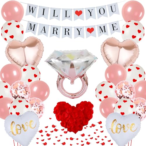 Will You Marry Me Luftballon, 44 Stück Vorschlag Dekoration Marry Me Banner Rosegold Herzballons Diamant Ring Love Folienballon Rosenblätter für Antrag Hochzeit Valentinstag Geständnis Verlobung von batnite