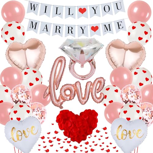 Will You Marry Me Luftballon, 44 Stück Vorschlag Dekoration Marry Me Banner Rosegold Herzballons Diamant Ring Love Folienballon Rosenblätter für Antrag Hochzeit Valentinstag Geständnis Verlobung von batnite