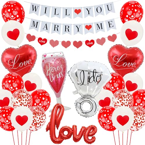 Will You Marry Me Luftballon - 49 Stück Antrag Dekoration Will You Marry Me Banner Liebe Brief Ballon Herz Wimpelkette Diamant Ring Weinglas Rot Herz Ballon für Hochzeit Valentinstag Geständnis von batnite