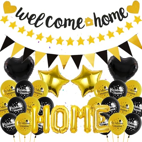 Willkommen Home Dekorationen Party Kit - 53 Stück Willkommen zurück Dekoration Schwarz Gold Banner, Home Folienballons, Herz Ballon, Wimpel Flagge Wimpelkette für Junge Mädchen Baby Shower New Home von batnite