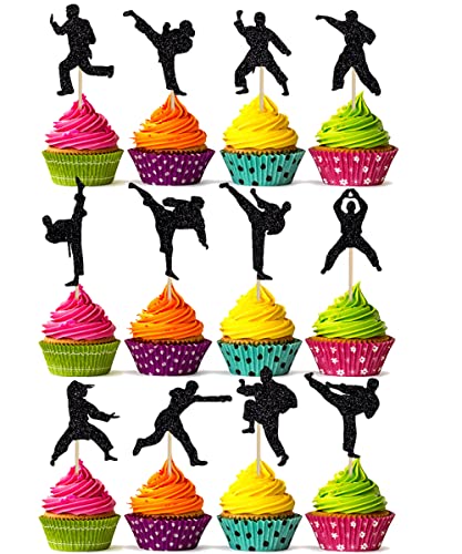 Biabisd 24 Stück Karate Cupcake Toppers Taekwondo Themed Cupcake Topper Karate Happy Birthday Party Supplies Glänzend Schwarz Dekorationen von bd1