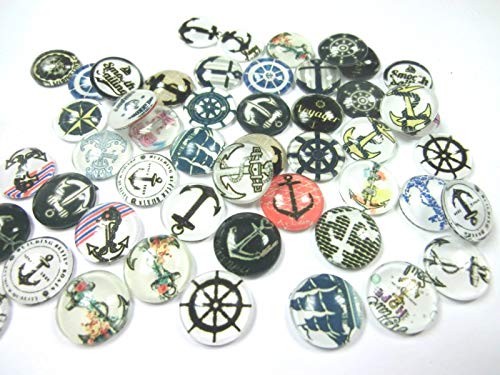 50 Glas Cabochons 12mm Motiv Anker Ruder 12x4mm Glascabochons rund flach (Maritim Mix Anker #55) von beadsvision