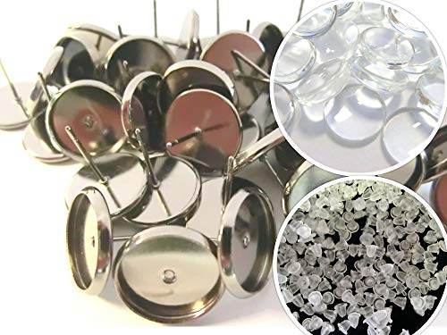 50 Ohrstecker mit 50 klaren Cabochons 12mm Ohrringe Farbwahl Fassungen Rohlinge Bastelset(anthrazit #S448) von beadsvision