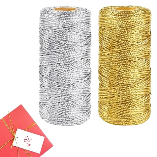 bechoanigel 2 Rollen Geschenkband Gold and silbernes,200M Nicht Elastisch Kordelband Schnur Schnur Bastelschnur, 2MM Breit für Dekorationen, Bastelarbeiten, Hochzeitsdekorationen(Gold+Silber) von bechoanigel