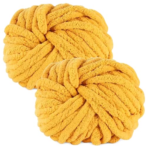 bechoanigel 2 Stück Dicke Wolle Garn 500g, Armstricken Wolle Dickes Garn, XXL Weiches Chunky Wolle, Super Weich Chenille Wolle zum Häkeln für Decken, Schals, Mützen, Haustier Nest (Dunkelgelb) von bechoanigel