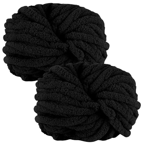 bechoanigel 2 Stück Dicke Wolle Garn 500g, Armstricken Wolle Dickes Garn, XXL Weiches Chunky Wolle, Super Weich Chenille Wolle zum Häkeln für Decken, Schals, Mützen, Haustier Nest (Schwarz) von bechoanigel