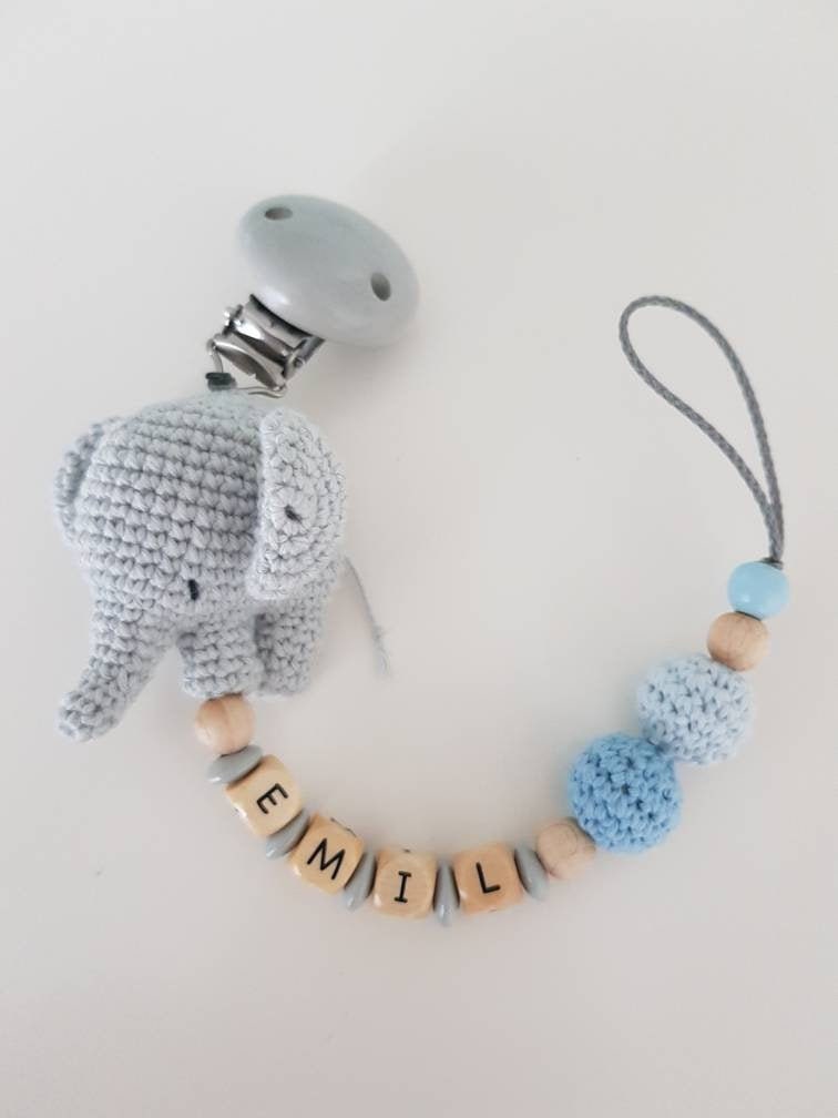 Gehäkelte Schnullerkette"Elefant", Personaliesiert, Junge, Niedlich von beckyshandmadeshop