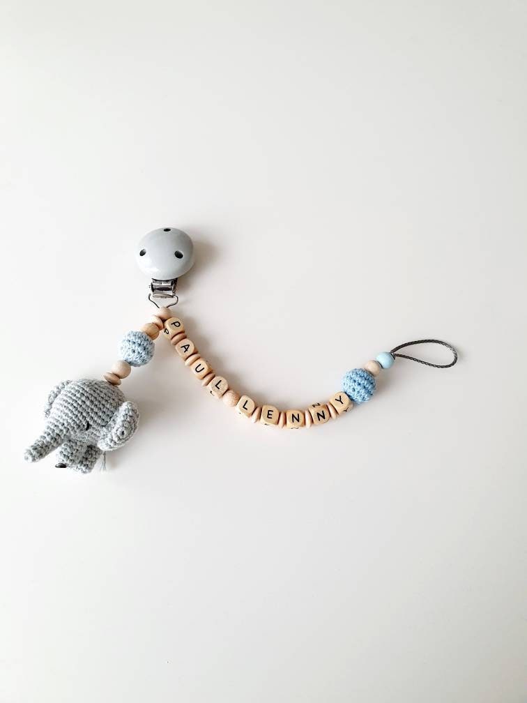 Gehäkelte Schnullerkette "Elefant" Personalisiert, Doppelname, Blau, Grau, Natur von beckyshandmadeshop