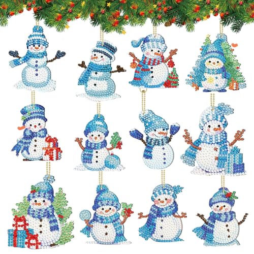 behone Weihnachtsbasteln Kinder,12 Stück Schneemann Diamant Painting Weihnachtsdeko,Diamond Painting Kinder,Diamond Painting Weihnachten anhänger,Weihnachtstag Schlüsselanhänger Schneemann von behone