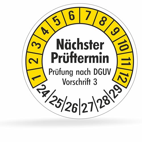 Fluxxx 112 Stk Prüfplaketten "Nächster Prüftermin", 20 mm Ø, Prüfetiketten nach DGUV V3, 2024-2029, selbstklebend, Prüfaufkleber, E-Check Prüfetikett, Plakette für Elektrogeräte (Gelb, 1 Bogen) von beihaasnatuerlich