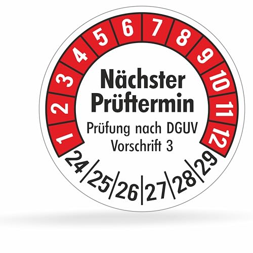 Fluxxx 560 Stk Prüfplaketten "Nächster Prüftermin", 20 mm Ø, Prüfetiketten nach DGUV V3, 2024-2029, selbstklebend, Prüfaufkleber, E-Check Prüfetikett, Plakette für Elektrogeräte (Rot, 5 Bogen) von beihaasnatuerlich