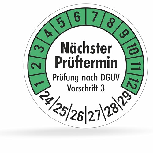 Fluxxx 112 Stk Prüfplaketten "Nächster Prüftermin", 20 mm Ø, Prüfetiketten nach DGUV V3, 2024-2029, selbstklebend, Prüfaufkleber, E-Check Prüfetikett, Plakette für Elektrogeräte (Grün, 1 Bogen) von beihaasnatuerlich