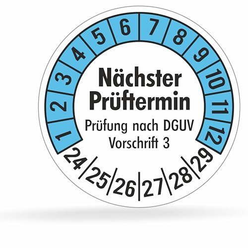 Fluxxx 1120 Stk Prüfplaketten "Nächster Prüftermin", 20 mm Ø, Prüfetiketten nach DGUV V3, 2024-2029, selbstklebend, Prüfaufkleber, E-Check Prüfetikett, Plakette für Elektrogeräte (Blau, 10 Bogen) von beihaasnatuerlich