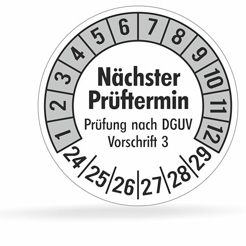 Fluxxx 1120 Stk Prüfplaketten "Nächster Prüftermin", 20 mm Ø, Prüfetiketten nach DGUV V3, 2024-2029, selbstklebend, Prüfaufkleber, E-Check Prüfetikett, Plakette für Elektrogeräte (Grau, 10 Bogen) von beihaasnatuerlich