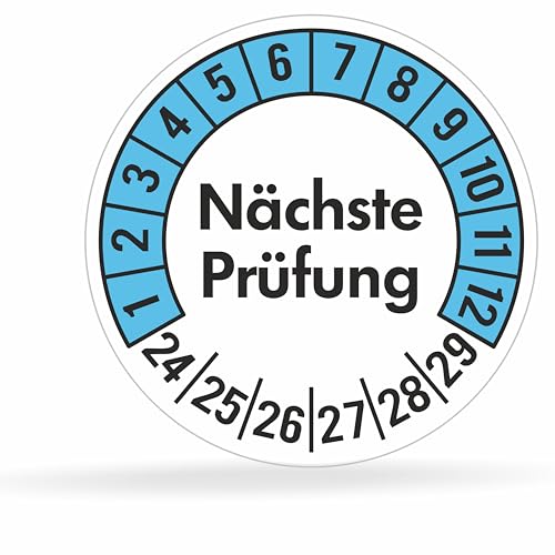 beihaasnatuerlich® 100 Prüfplaketten 30mmØ "Nächste Prüfung" 2024-2029, selbstklebend, Prüfaufkleber, E-Check Prüfetikett, Plakette, TÜV-Plakette (30 mm Ø, Blau 100) von beihaasnatuerlich