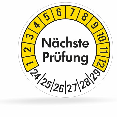 beihaasnatuerlich® 100 Prüfplaketten 30mmØ "Nächste Prüfung" 2024-2029, selbstklebend, Prüfaufkleber, E-Check Prüfetikett, Plakette, TÜV-Plakette (30 mm Ø, Gelb 100) von beihaasnatuerlich