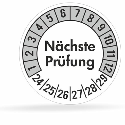 beihaasnatuerlich® 100 Prüfplaketten 30mmØ "Nächste Prüfung" 2024-2029, selbstklebend, Prüfaufkleber, E-Check Prüfetikett, Plakette, TÜV-Plakette (30 mm Ø, Grau 100) von beihaasnatuerlich