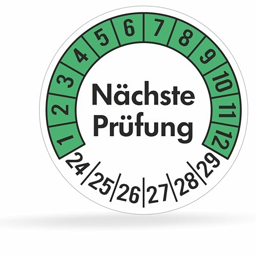 beihaasnatuerlich® 100 Prüfplaketten 30mmØ "Nächste Prüfung" 2024-2029, selbstklebend, Prüfaufkleber, E-Check Prüfetikett, Plakette, TÜV-Plakette (30 mm Ø, Grün 100) von beihaasnatuerlich