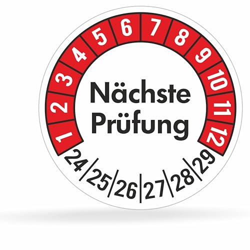 beihaasnatuerlich® 100 Prüfplaketten 30mmØ "Nächste Prüfung" 2024-2029, selbstklebend, Prüfaufkleber, E-Check Prüfetikett, Plakette, TÜV-Plakette (30 mm Ø, Rot 100) von beihaasnatuerlich