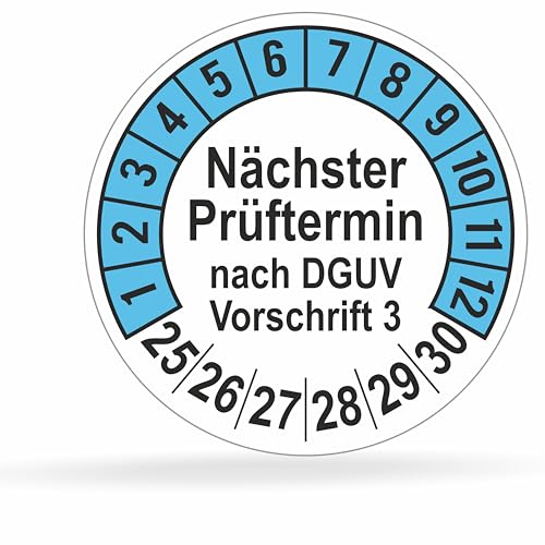 beihaasnatuerlich® 112 Stck Prüfplaketten "Nächster Prüftermin", 20 mm Ø, Prüfetiketten nach DGUV V3, 2025-2030, Prüfaufkleber, E-Check Prüfetikett, Plakette für Elektrogeräte (Blau, 1 Bogen) von beihaasnatuerlich