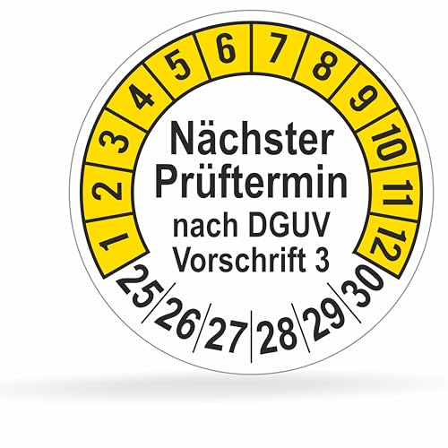 beihaasnatuerlich® 112 Stck Prüfplaketten "Nächster Prüftermin", 20 mm Ø, Prüfetiketten nach DGUV V3, 2025-2030, Prüfaufkleber, E-Check Prüfetikett, Plakette für Elektrogeräte (Gelb, 1 Bogen) von beihaasnatuerlich